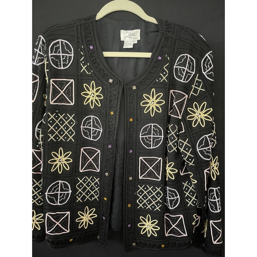 Vintage LISA Colorful Embroidered Beaded Geometric Pattern Evening Jacket SZ L